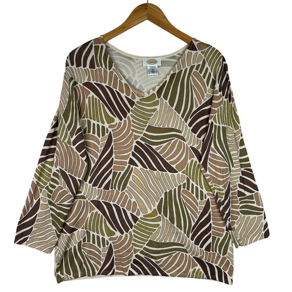 Talbots Silk Blend Sweater Lightweight XL Abstract Leaf Print 3/4 Sleeve Top